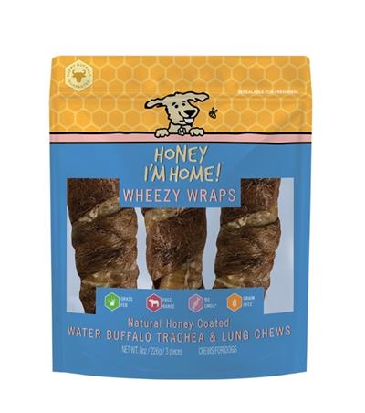 HONEY I'M HOME DOG NATURAL HONEY COATED BUFFALO TRACHEA WRAPPED IN LUNG 6 INCHES 3 PACK