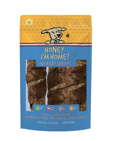 HONEY I'M HOME DOG NATURAL HONEY COATED BUFFALO TRACHEA WRAPPED IN LUNG 10 INCHES 3 PACK