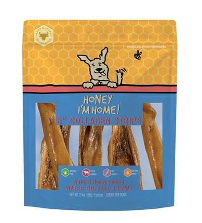 HONEY I'M HOME DOG NATURAL HONEY COATED BUFFALO COLLAGEN STRIPS 6 INCHES 5 PACK