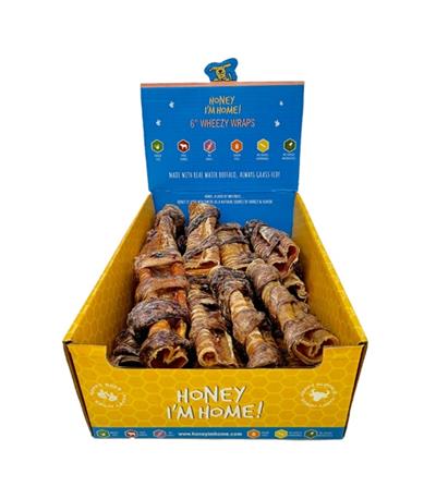 HONEY I'M HOME DOG NATURAL HONEY COATED BUFFALO TRACHEA WRAPPED IN LUNG 6 INCHES - 18 COUNT