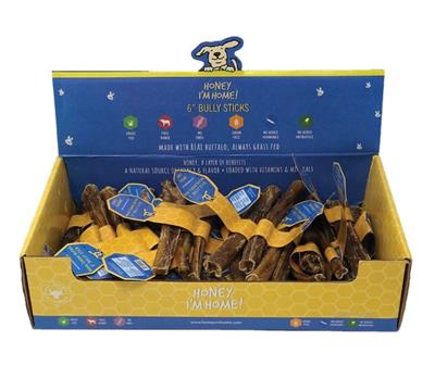 Honey I'm Home Dog Natural Honey Coated Buffalo Bully Sticks Bulk 6 Inches - 50 Count