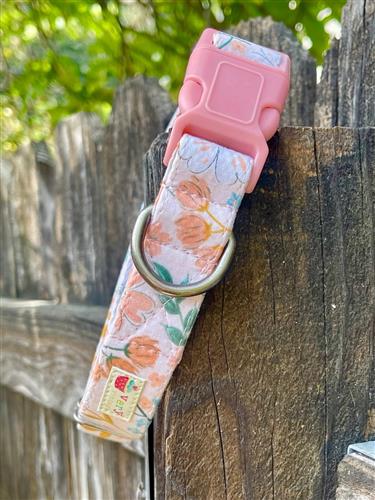 Petal Picnic – Blush Floral Dog Collar | Handmade Organic Cotton Collar | Adjustable Dog Collar | Cottagecore Spring Dog Collars & Leashes