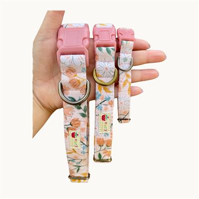 Petal Picnic – Blush Floral Dog Collar | Handmade Organic Cotton Collar | Adjustable Dog Collar | Cottagecore Spring Dog Collars & Leashes