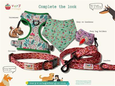 Berry Birdsong – Pink Floral Dog Collar | Bluebird Strawberry Print | Handmade Organic Cotton Collar | Adjustable Dog Collar & Leash