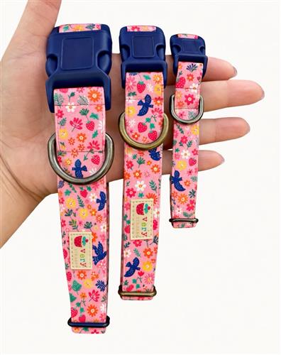 Berry Birdsong – Pink Floral Dog Collar | Bluebird Strawberry Print | Handmade Organic Cotton Collar | Adjustable Dog Collar & Leash