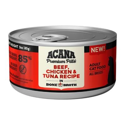 Acana Cat Grain Free Beef Chicken + Tuna Recipe In Bone Broth 3oz. (Case of 24)