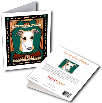 San Canine de Greyhound (Greyhound) GREETING CARD - Patron Saint of Couch Potatoes