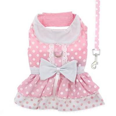 Pink Polka Dot and Lace Dog Dress Set with Leash