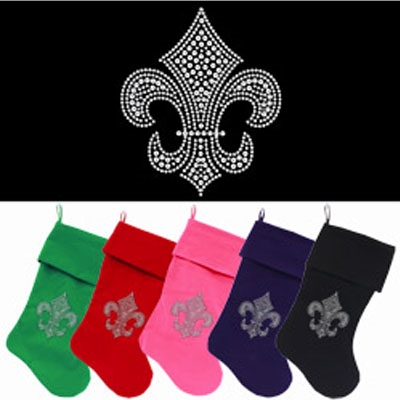 Silver Fleur De Lis Rhinestone Velvet Christmas Stocking