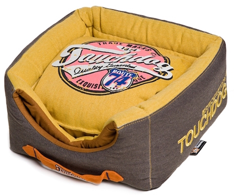 Touchdog Convertible And Reversible Vintage Printed Squared 2-In-1 Collapsible Dog House Bed
