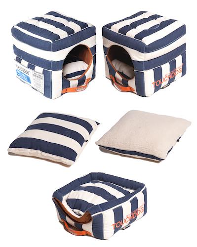 Touchdog Polo-Striped Convertible And Reversible Squared 2-In-1 Collapsible Dog House Bed