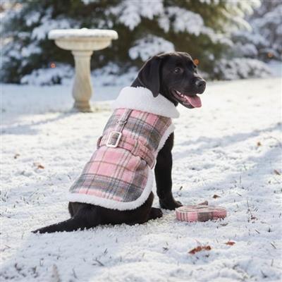 Sherpa Lined Dog Harness Coat - Pink and White Plaid with Matching Leash