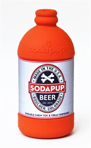SodaPup Natural Rubber Beer Bottle Large Treat Dispenser  Slow Feeder Dog Chew Toy - Orange - Made in USA
